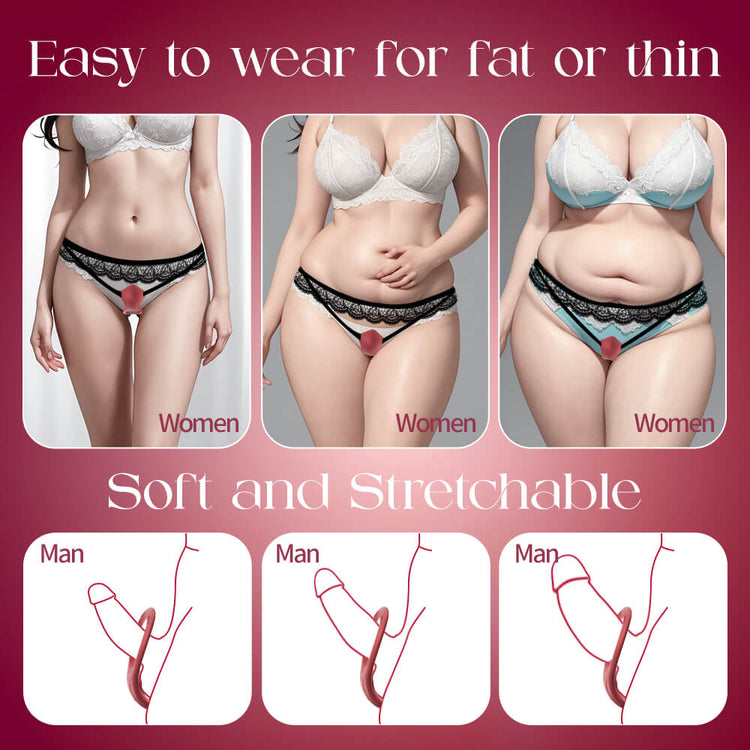 Lingerie set with text 'Easy to wear for fat or thin' and 'Soft and Stretchable' on a pink background.