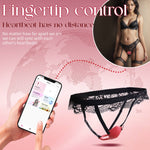 Black lace lingerie with Wearable Vibrating Panties, smartphone app, and pink background with text.