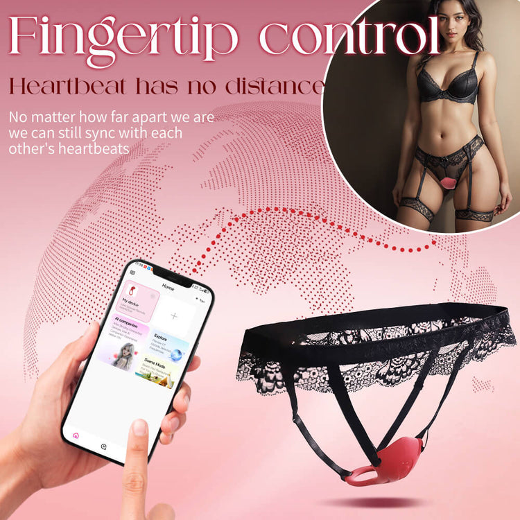 Black lace lingerie with Wearable Vibrating Panties, smartphone app, and pink background with text.