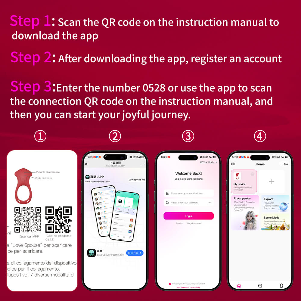 Step-by-step guide on how to download and use an app with QR codes on a red background
