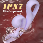 White and gold wireless earbuds with IPX7 waterproof text on a red water droplet background