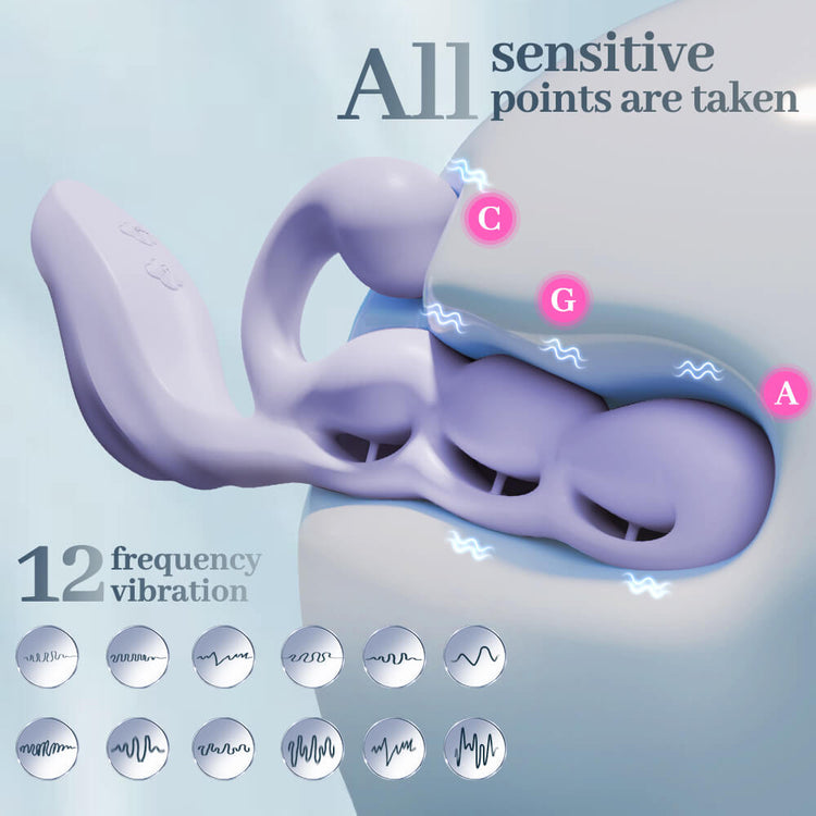 Violet – App-Controlled Dual G-Spot & Clitoral Vibrator with text indicating 'All sensitive points are taken' and '12 frequency vibration' on a light blue background.