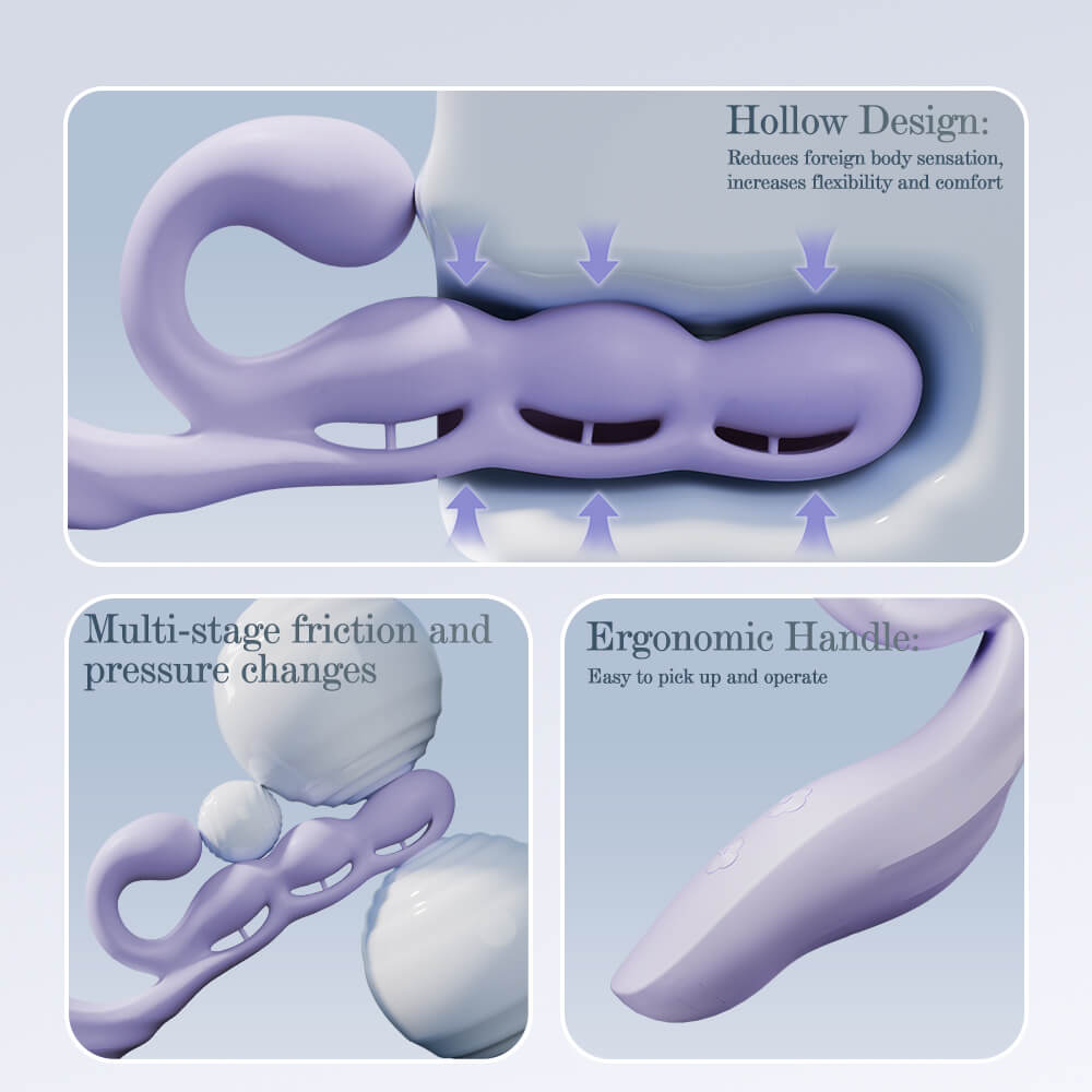 Diagram of a purple device with text explaining its features on a light blue background
