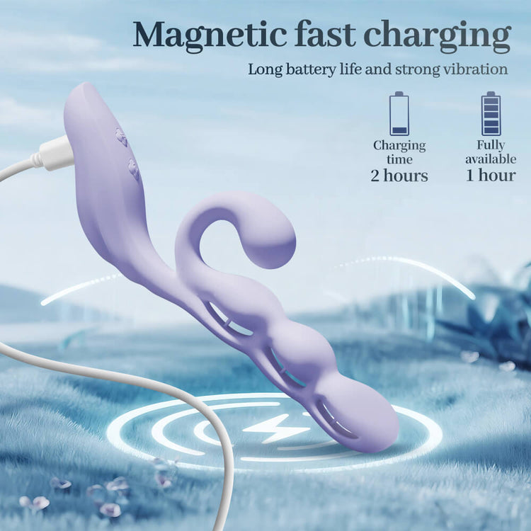 Violet – App-Controlled Dual G-Spot & Clitoral Vibrator with charging cable on a blue water background, featuring text about magnetic fast charging.