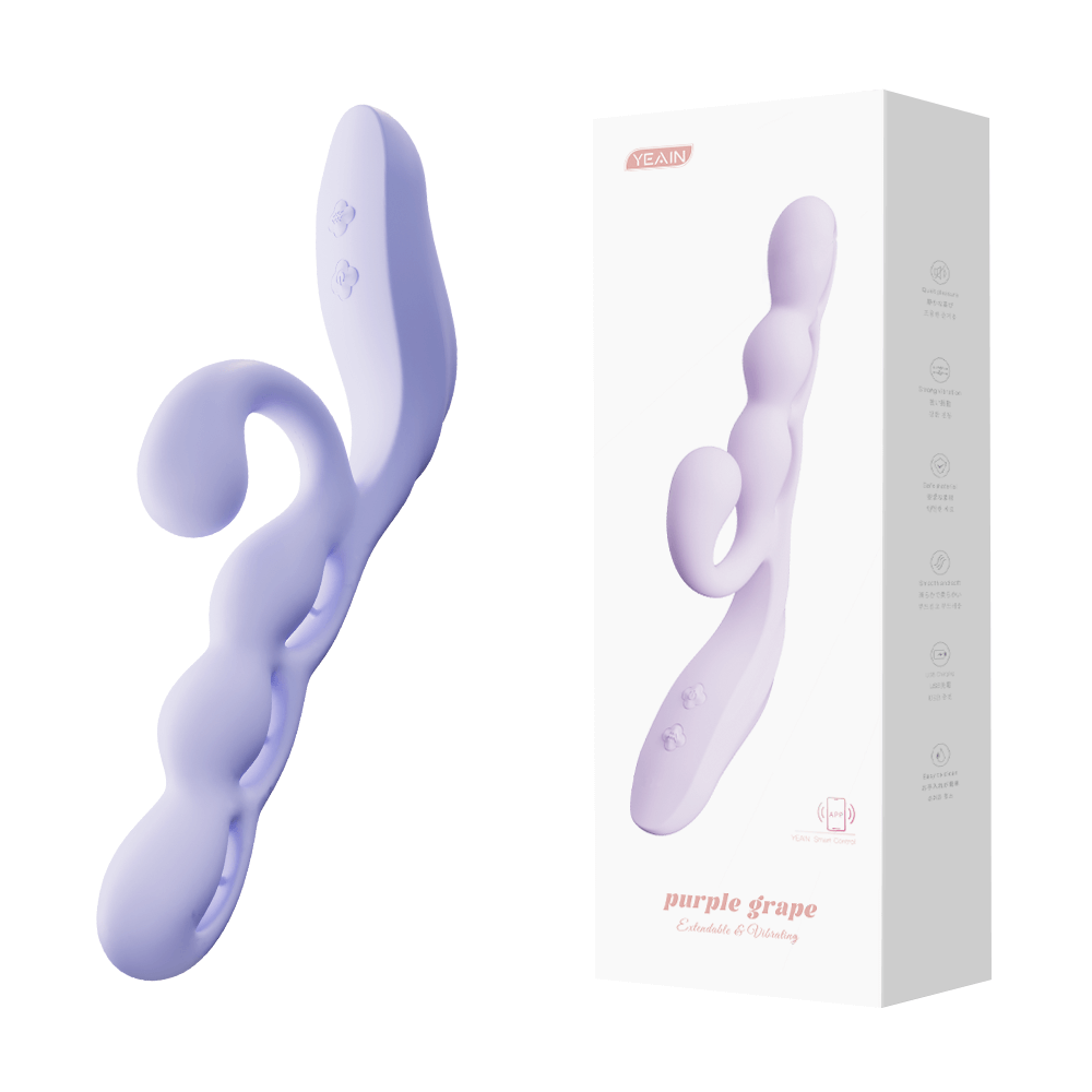 Purple silicone wand with packaging on a white background