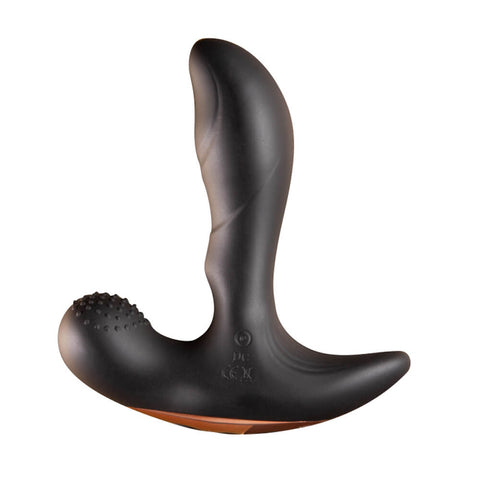 Black Adam heated vibrating butt plug with curved insertable arm and textured external contact