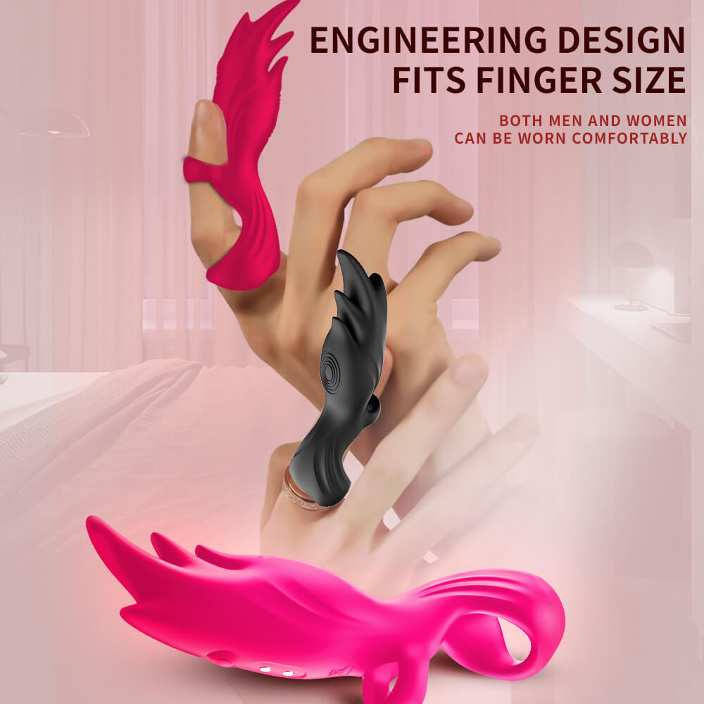Red and black Angel Wings vibrators showing the wearable finger-loop design