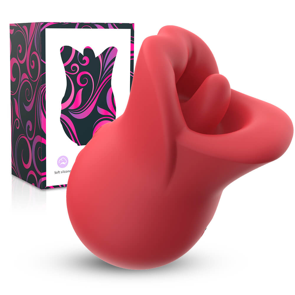 Red Angel’s Kiss clit licker displayed beside its product packaging