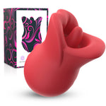 Red Angel’s Kiss clit licker displayed beside its product packaging