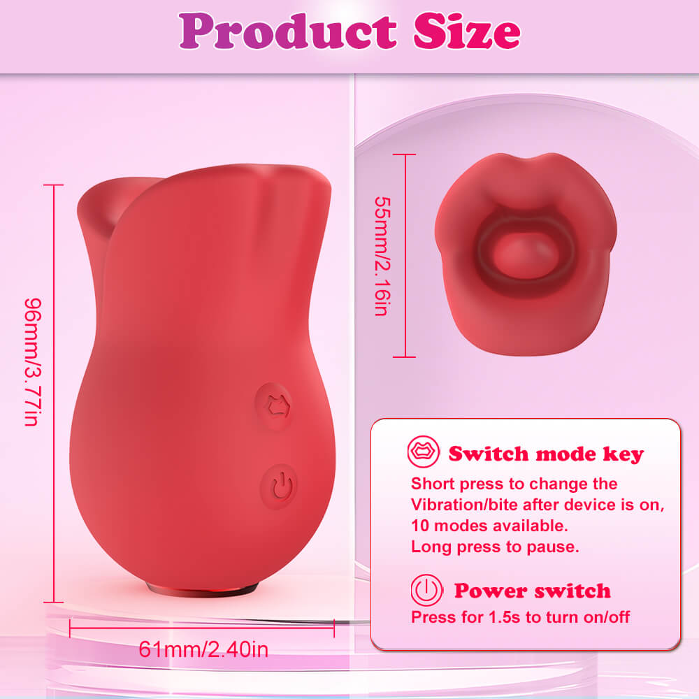 Angel’s Kiss vibrator size guide with power and mode control buttons