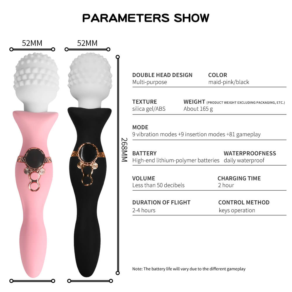 Charm double-ended massage wand dimensions, materials and battery specifications