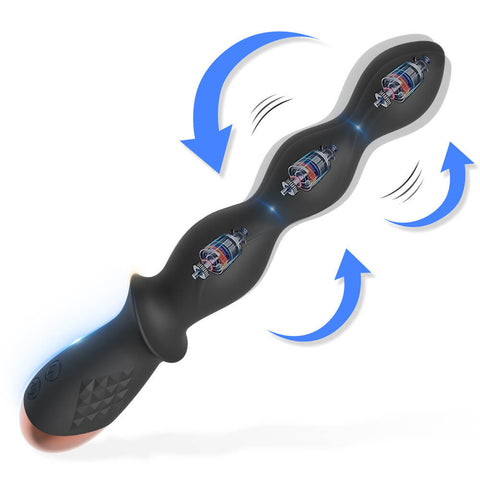 Black Dagger-3 vibrating anal beads showing three internal motors and built-in handle controls