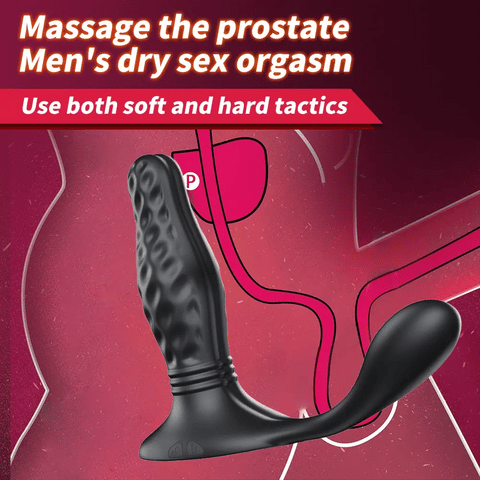 Black Diamond Drill thrusting prostate massager with textured shaft, flexible outer arm and wireless remote