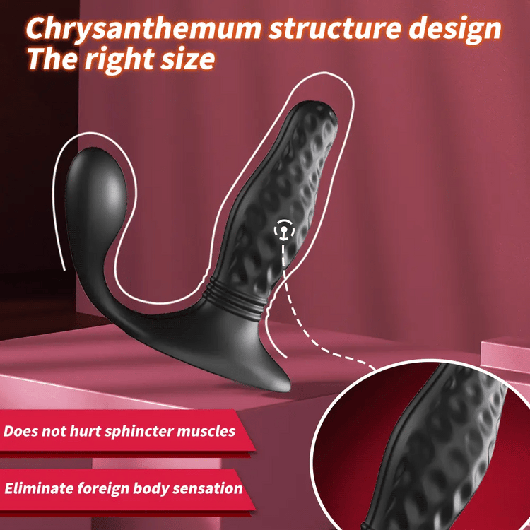 Diamond Drill textured thrusting butt plug with rounded tip, flexible outer arm and flared base