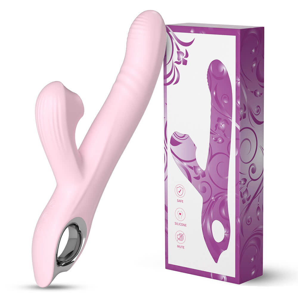 Elara pink thrusting rabbit vibrator displayed beside its packaging