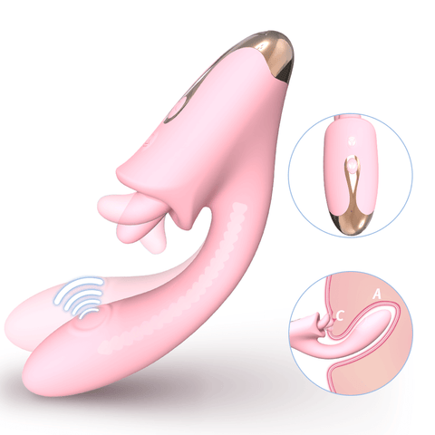 Purple Elista vibrator with curved internal arm, external licking tongue and two-button handle