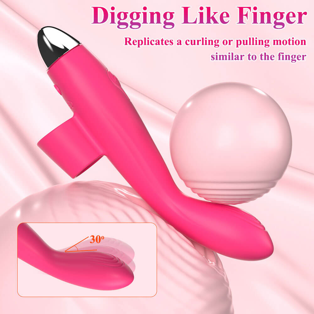 Elva vibrator tip demonstrating an approximately 30-degree curling motion