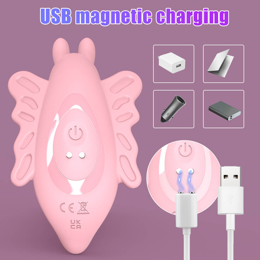 Flutter wearable butterfly vibrator with USB magnetic charging cable