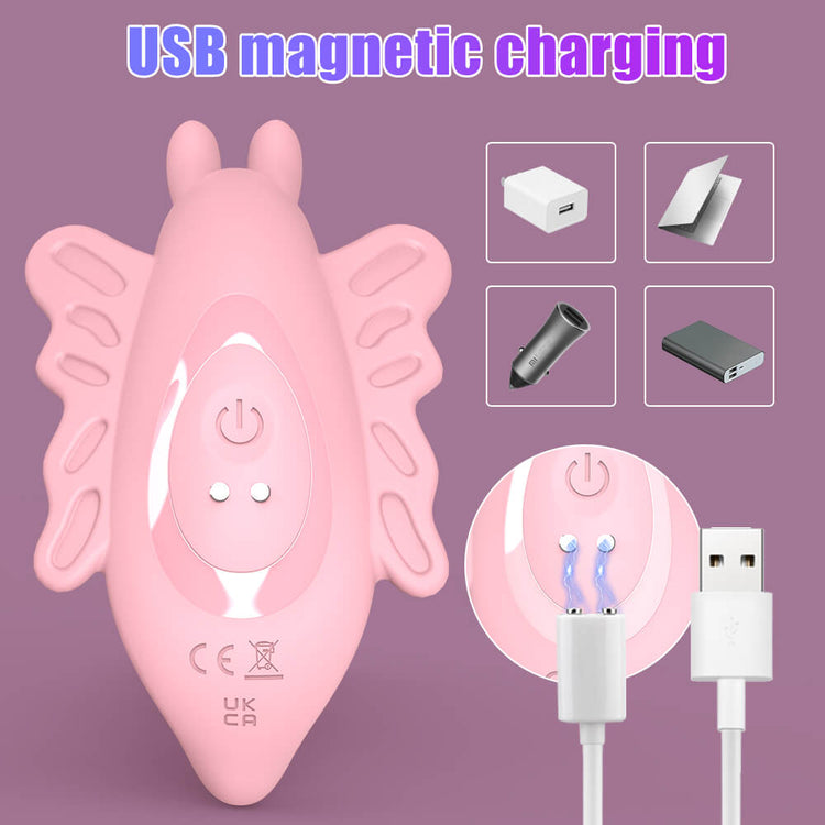 Flutter wearable butterfly vibrator with USB magnetic charging cable