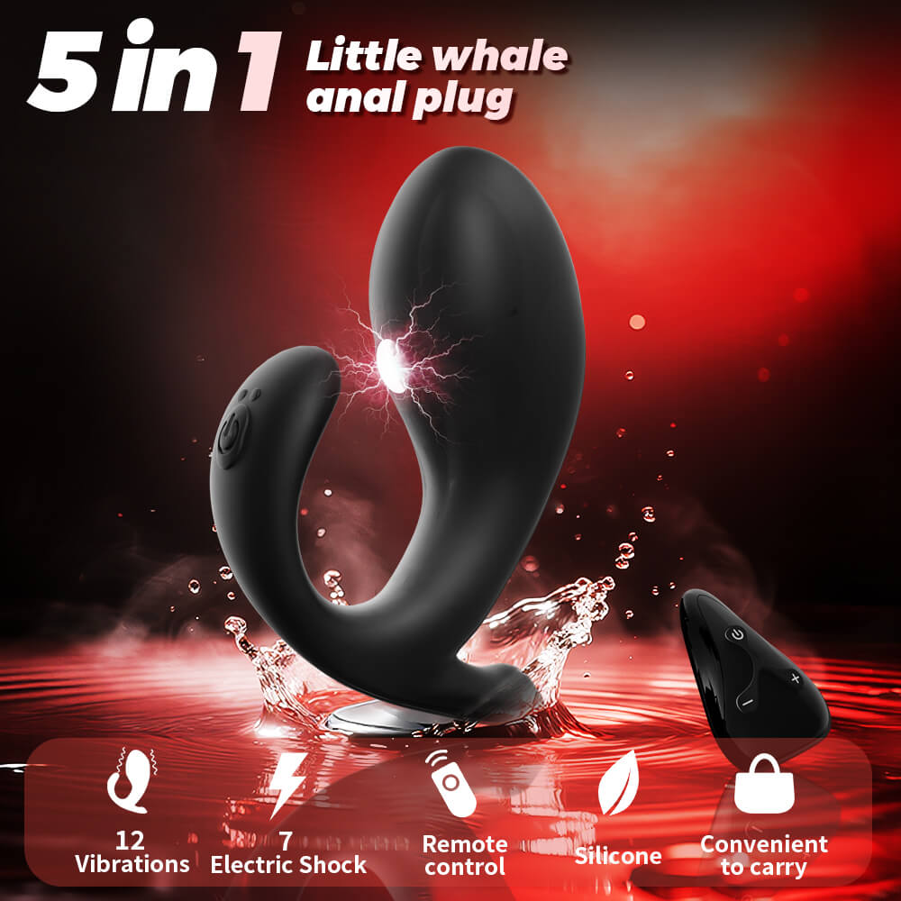 Little Whale anal vibrator showing 12 vibration patterns, 7 microcurrent levels and remote control