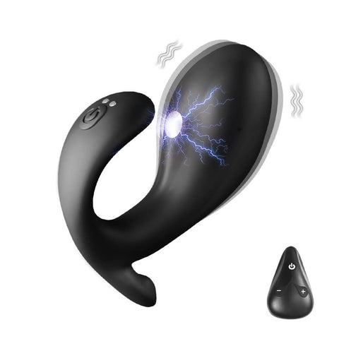 Black Little Whale electro prostate vibrator with wireless remote on a white background
