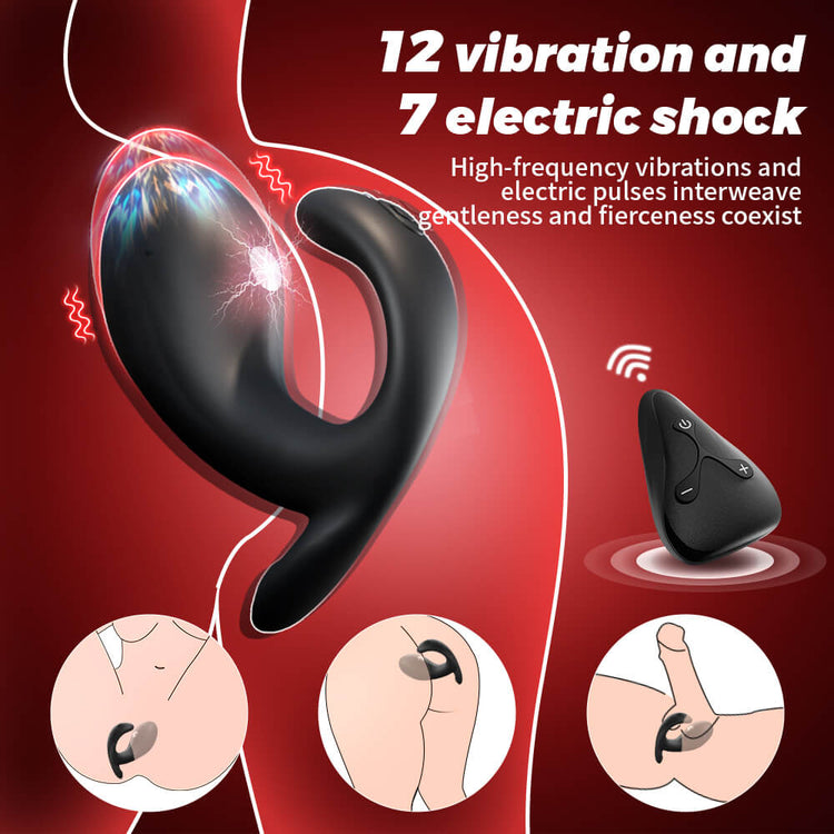 Little Whale prostate vibrator showing vibration, microcurrent contact and illustrated use positions