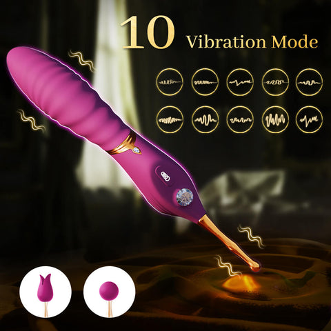 Purple Luna pinpoint clitoral vibrator displayed beside its black product packaging