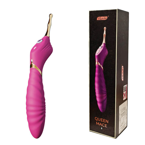 Purple Luna pinpoint clitoral vibrator displayed beside its black product packaging