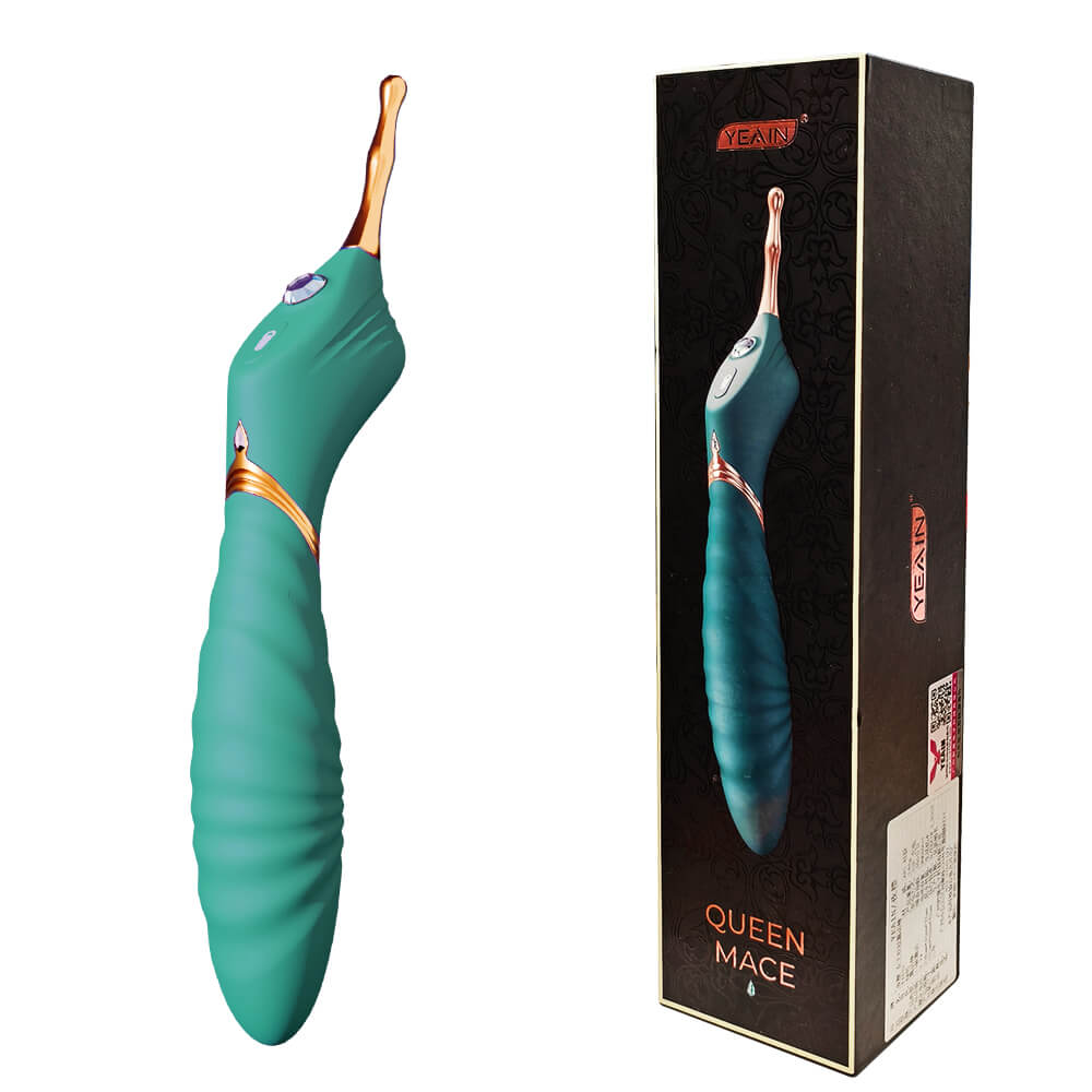 Teal Luna pinpoint clitoral vibrator displayed beside its product packaging
