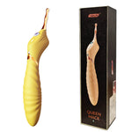 Yellow Luna pinpoint clitoral vibrator displayed beside its product packaging