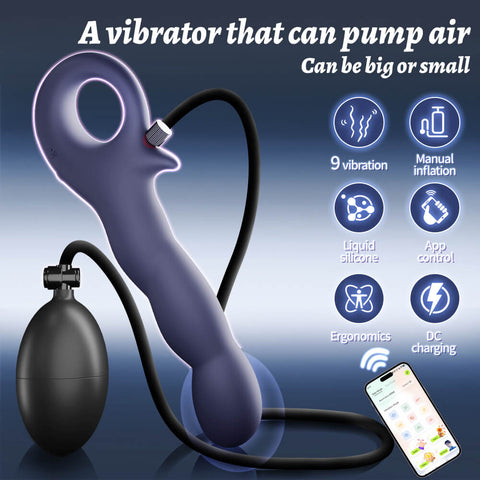 Puffy purple inflatable vibrating prostate massager with app control, air pump and smartphone