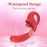 Scarlet IPX7 waterproof vibrator shown with water droplets for easier cleaning