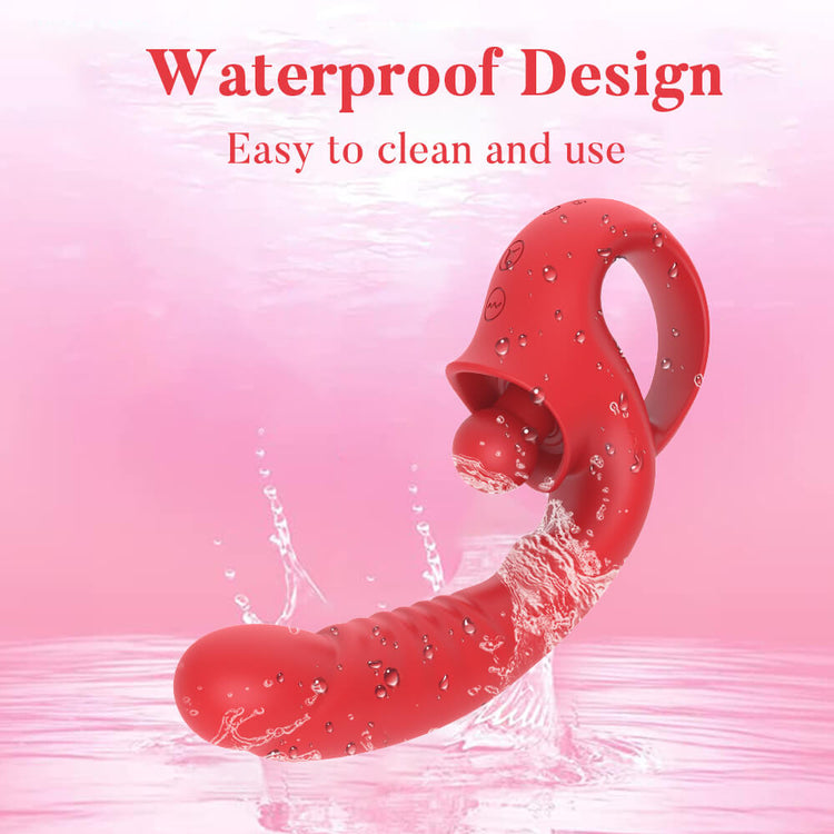 Scarlet IPX7 waterproof vibrator shown with water droplets for easier cleaning