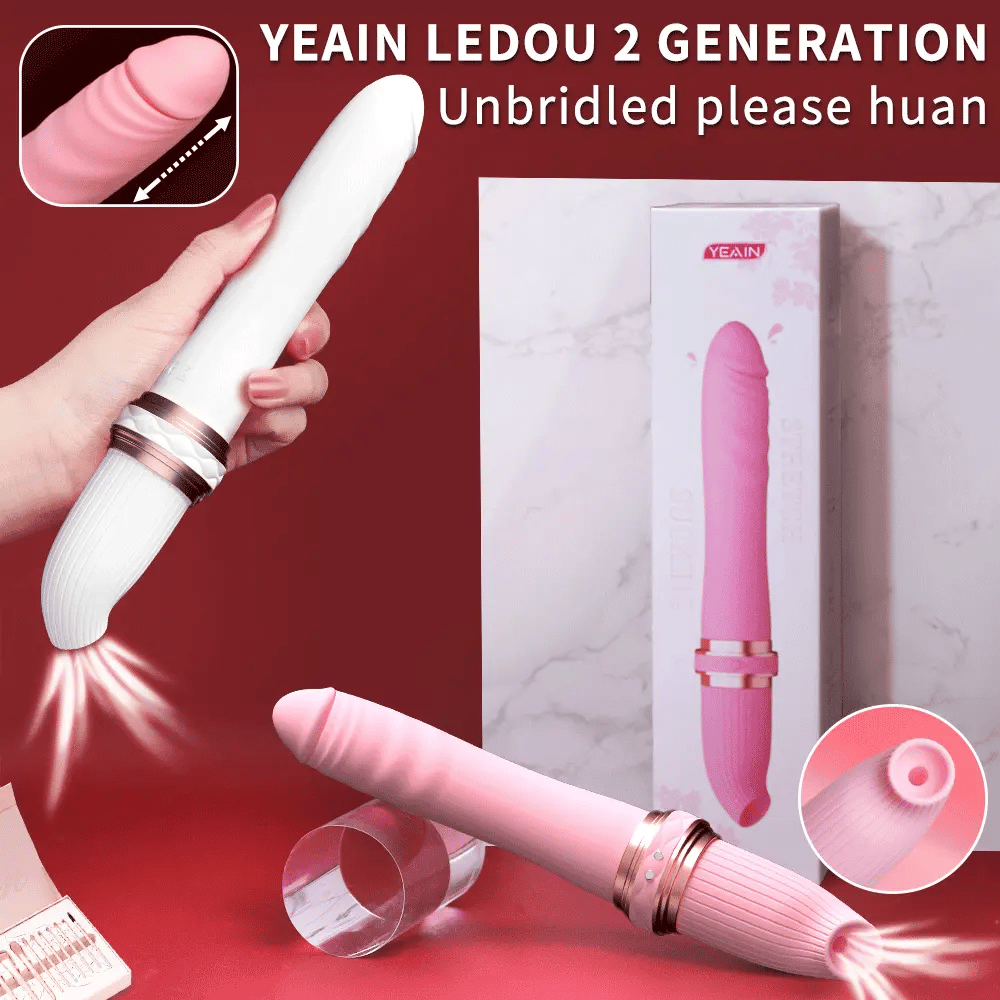 Pink and white Seahorse dual-ended vibrator with thrusting shaft and suction opening