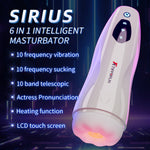 Sirius 6-in-1 automatic male masturbator with vibration, suction, telescopic thrusting, heating, sound, and LCD touchscreen control