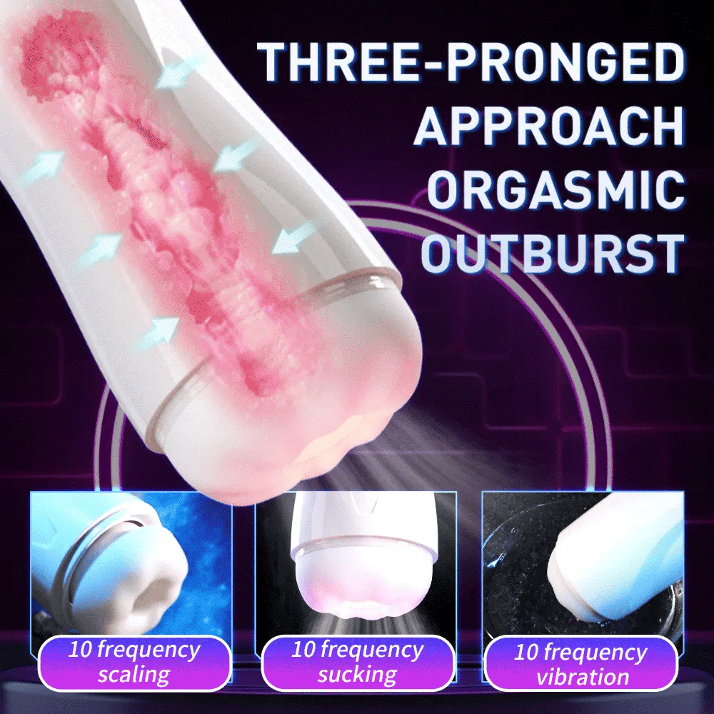 Sirius automatic blowjob machine showing suction, vibration, and telescopic thrusting stimulation modes