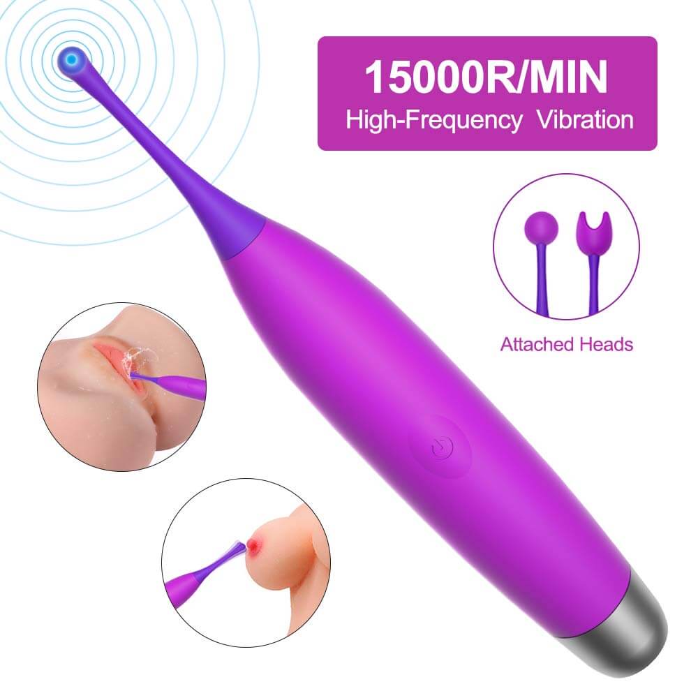 Purple Smurfs vibrator with 15000 RPM vibration and two attachment heads