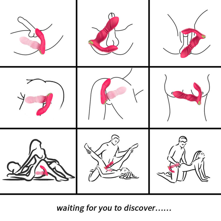 Illustrated solo and partnered positions for using the Spark anal vibrator