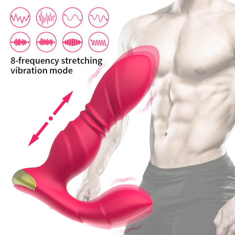 Red Spark thrusting butt plug vibrator with curved external arm and wireless remote
