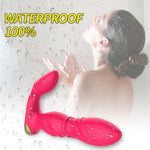 Red Spark anal vibrator displayed with water droplets in a shower setting