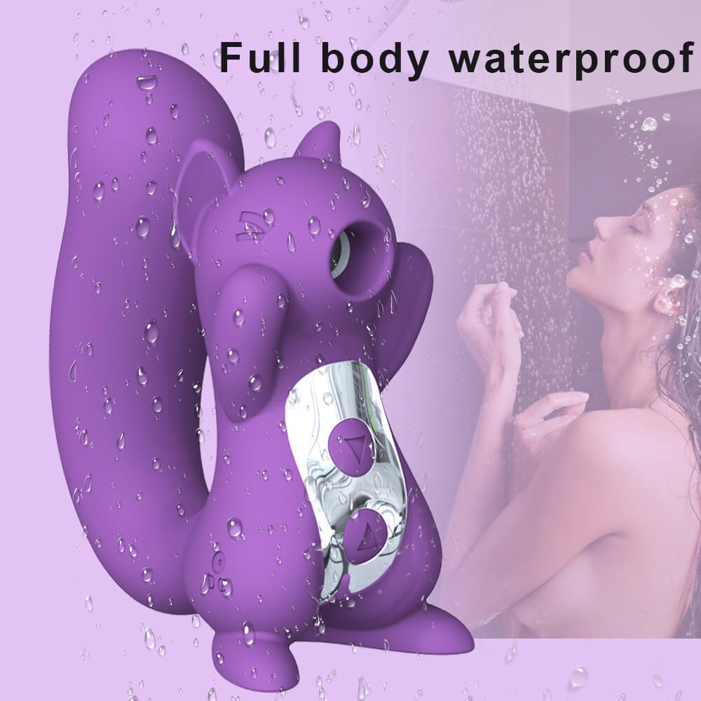 IPX6 water-resistant Squirluxe vibrator shown with water droplets