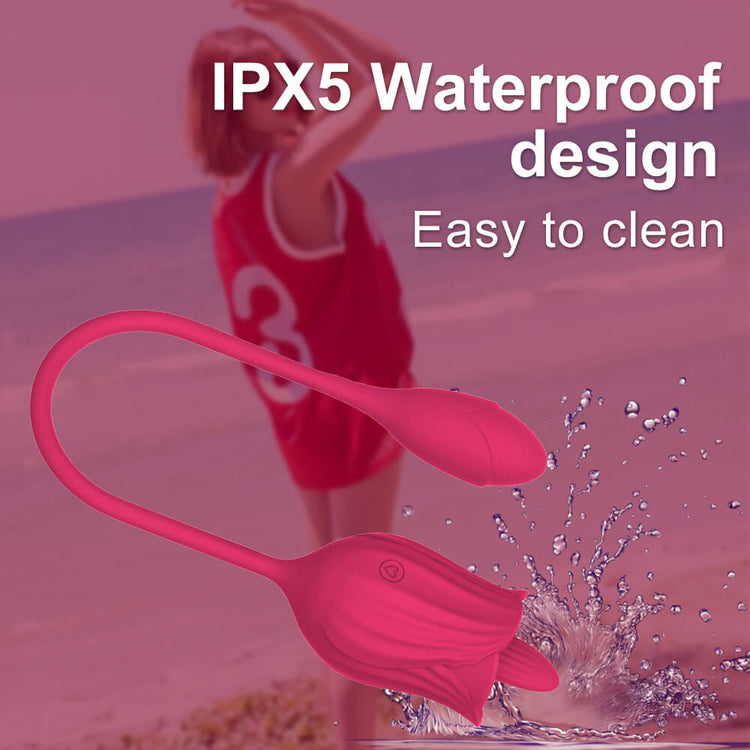 IPX5 water-resistant Sylva rose clit licker shown with water splashes