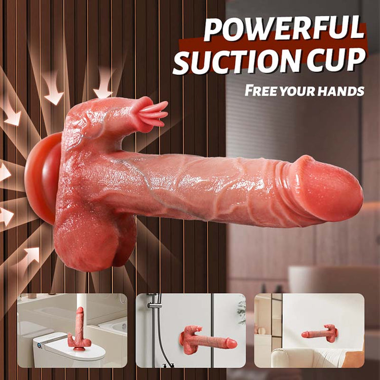 Suction cup dildo attached to smooth vertical and horizontal surfaces