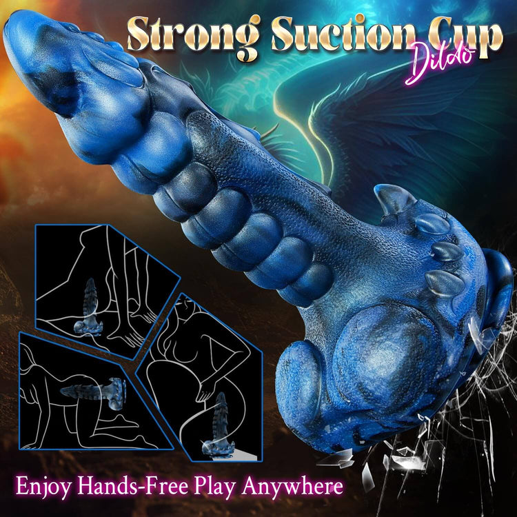 Tyrant dildo mounted in different positions with its suction-cup base