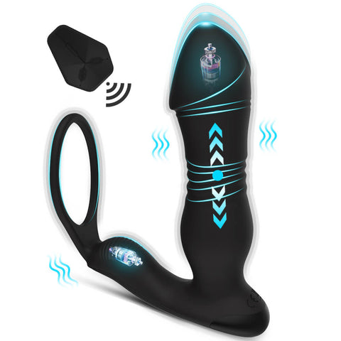 Black Vibe thrusting prostate massager with vibrating cock ring and wireless remote
