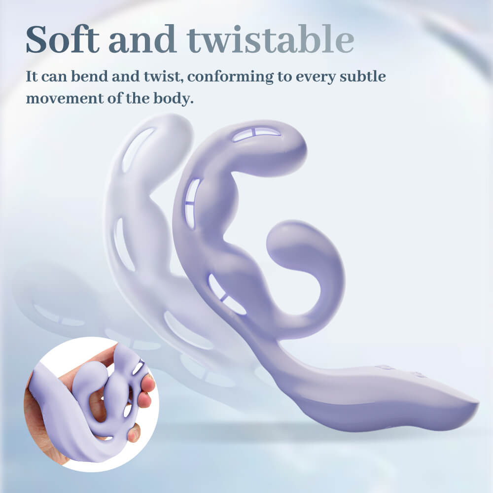 Soft and flexible Violet vibrator shown bending and twisting by hand