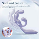 Soft and flexible Violet vibrator shown bending and twisting by hand