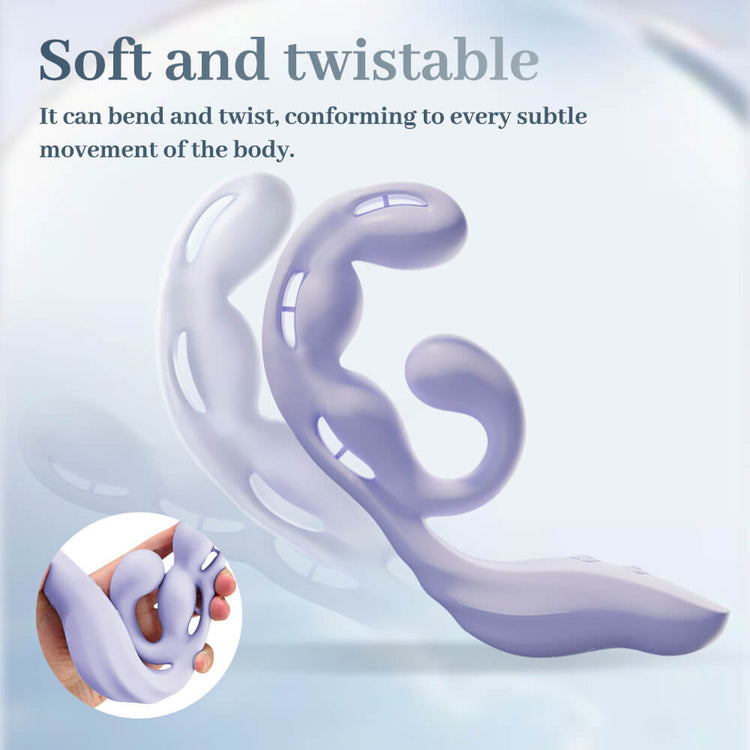 Soft and flexible Violet vibrator shown bending and twisting by hand