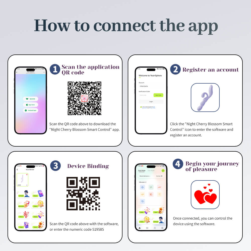 Four-step guide for downloading the app and connecting the Violet vibrator