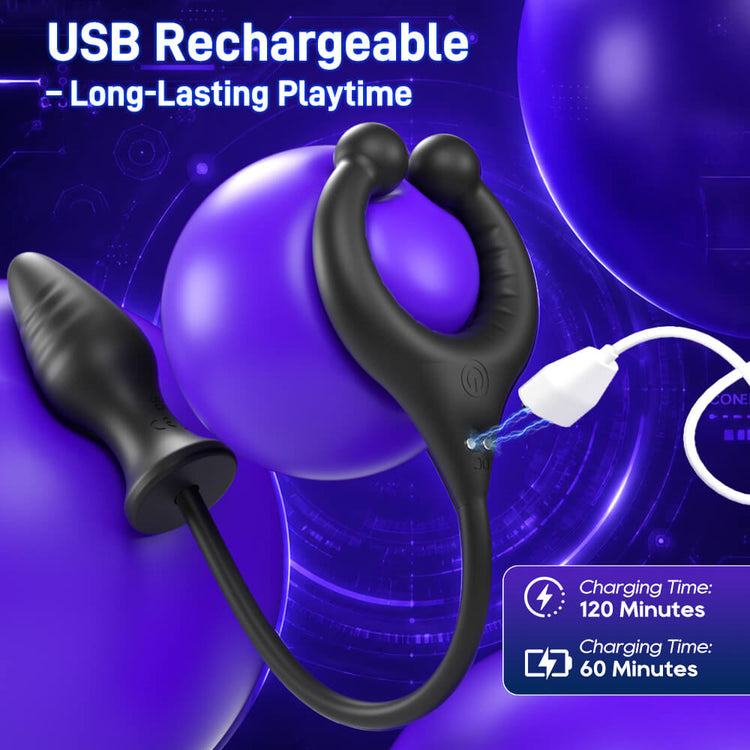 Vortex USB rechargeable vibrating cock ring and anal plug